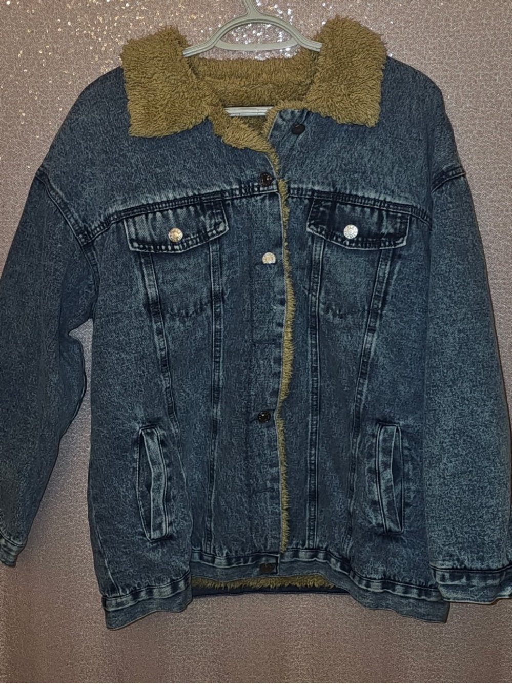 NWOT Oversized Acid Wash Denim Jacket with Sherpa Collar - Tan Sherpa - Picture 4 of 6